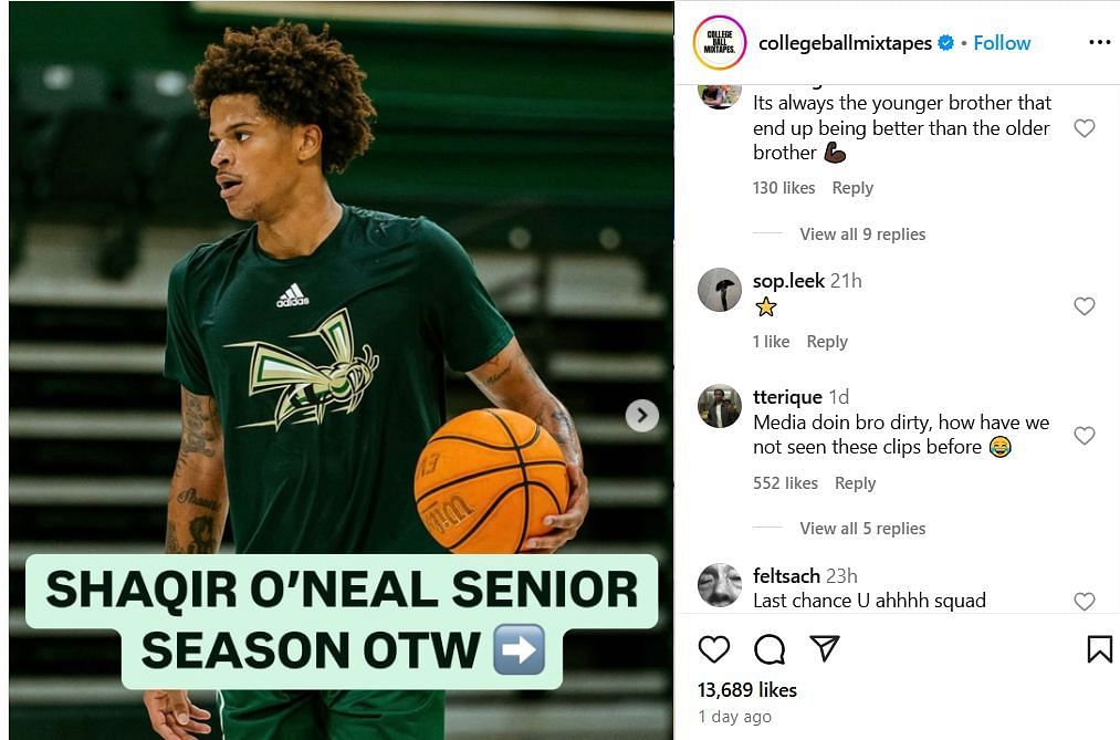 Fans react to video highlights of Shaqir O'Neal's performance on IG. Image via @collegeballmixtapes